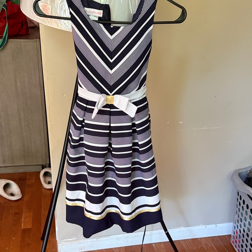 Navy and White Striped Dress with Bow